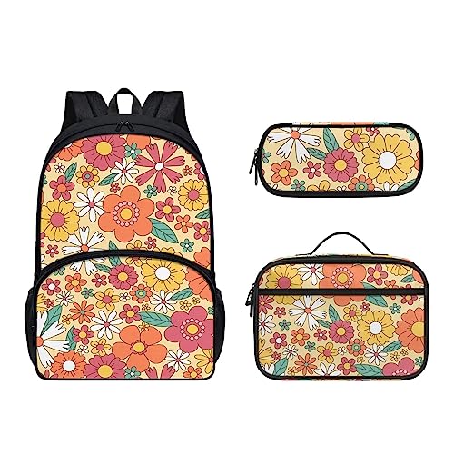 POLERO Kinder-Rucksack für die Schule, niedliche Büchertasche, Tagesrucksäcke, 3-teiliges Set mit Lunch-Tasche, Federmäppchen, Hippie-Blumen, Einheitsgröße, Kinderrucksack von POLERO