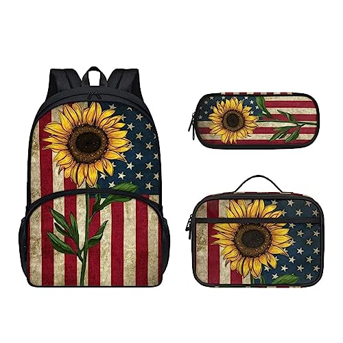 POLERO Kinder-Rucksack für die Schule, niedliche Büchertasche, Tagesrucksäcke, 3-teiliges Set mit Lunch-Tasche, Federmäppchen, USA-Flagge Sonnenblume, Einheitsgröße, Kinderrucksack von POLERO