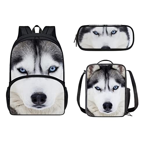 POLERO Kinder-Schulrucksack, 3D-Druck, Schultaschen-Set, lässige Reise-Büchertasche, Lunch-Tasche, Federmäppchen, Husky, Einheitsgröße, Kinderrucksack von POLERO