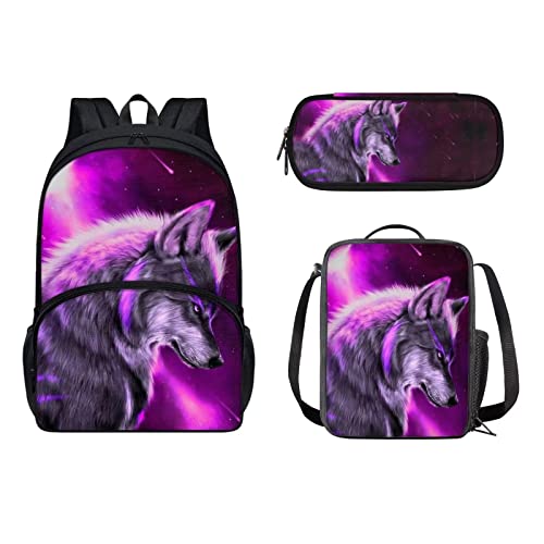 POLERO Kinder-Schulrucksack, 3D-Druck, Schultaschen-Set, lässige Reise-Büchertasche, Lunch-Tasche, Federmäppchen, Violett Galaxie Wolf, Einheitsgröße, Kinderrucksack von POLERO