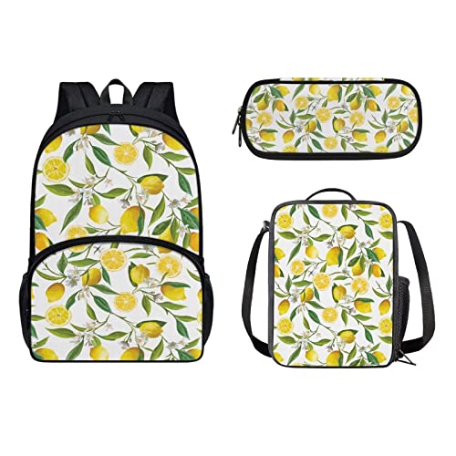 POLERO Kinder-Schulrucksack, 3D-Druck, Schultaschen-Set, lässige Reise-Büchertasche, Lunch-Tasche, Federmäppchen, Zitronenblüte, Einheitsgröße, Kinderrucksack von POLERO