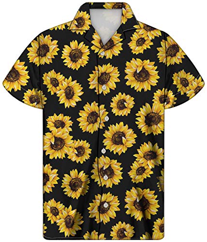 POLERO Klassisches Sommer-Hawaii-Hemd für Herren, kurzärmeliges Hemd, Button-Down-Shirt, normale Passform, Freizeithemden Gr. M, Sonnenblume Schwarz von POLERO