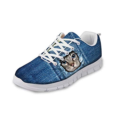 POLERO Laufschuhe Damen Herren Sneaker Atmungsaktiv Turnschuhe Schnürer Sportschuhe mit Zerrissener Denim Katze Muster 36 EU von POLERO