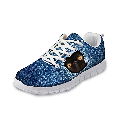 POLERO Laufschuhe Damen Herren Sneaker Atmungsaktiv Turnschuhe Schnürer Sportschuhe mit Zerrissener Denim Katze Muster 38 EU von POLERO