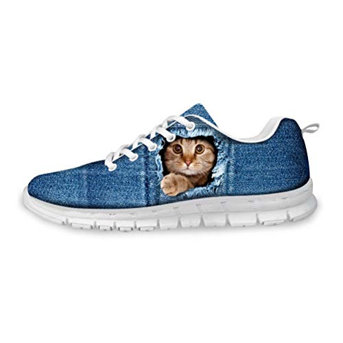 POLERO Laufschuhe Damen Herren Sneaker Atmungsaktiv Turnschuhe Schnürer Sportschuhe mit Zerrissener Denim Katze Muster 39 EU von POLERO