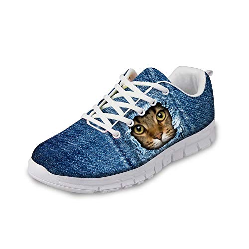 POLERO Laufschuhe Damen Herren Sneaker Atmungsaktiv Turnschuhe Schnürer Sportschuhe mit Zerrissener Denim Katze Muster 40 EU von POLERO