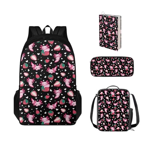 POLERO Mädchen-Rucksack mit Lunchtasche, Federmäppchen, Buchhülle für Kinder, Schultaschen-Set, Büchertaschen für Jungen, Axolotl Erdbeere, Einheitsgröße, Schulranzen-Set von POLERO