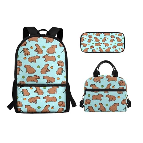 POLERO Mädchen-Rucksack und Lunchbox, Federmäppchen-Set für Kinder, niedliches Schulranzen-Set für Jungen, Büchertaschen, Capybara-Muster, Einheitsgröße, Schulranzen-Set von POLERO