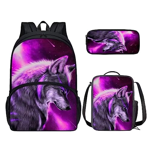 POLERO Mädchen Schulrucksack Galaxy Wolf Büchertasche Tagesrucksack Leicht mit Lunchbox & Federmäppchen für Reisen, Violett Galaxie Wolf, Einheitsgröße, Kinderrucksack von POLERO