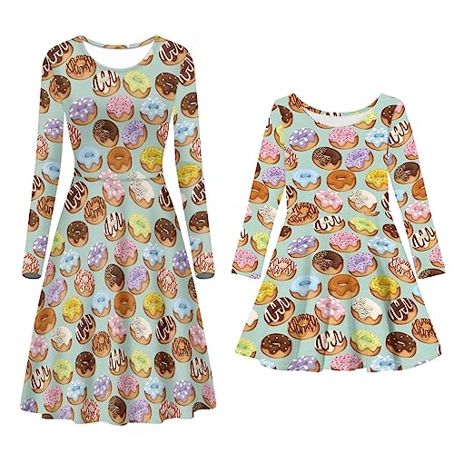 POLERO Mommy and Me Kleider Langarm Midi Sommerkleid Passende Familienoutfits, Donuts, XXL von POLERO