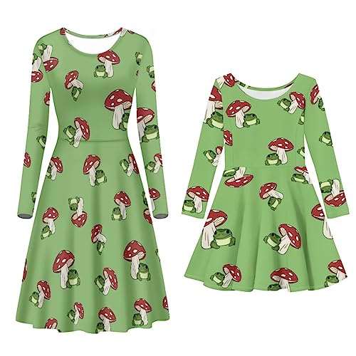 POLERO Mommy and Me Kleider Langarm Midi Sommerkleid Passende Familienoutfits, Pilz Frosch Grün, XL von POLERO