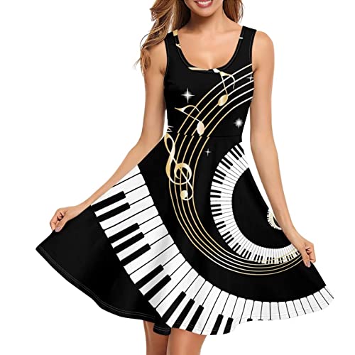 POLERO Musiknoten-Tankkleid für Damen, ärmellos, U-Ausschnitt, lässiges Midi-T-Shirt-Kleid, Musik-Party-Swing-Kleid, Musiknoten Klavier, XXXXL von POLERO