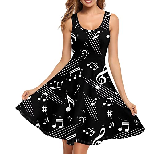 POLERO Musiknoten-Tankkleid für Damen, ärmellos, U-Ausschnitt, lässiges Midi-T-Shirt-Kleid, Musik-Party-Swing-Kleid, Schwarz-weiße Musiknoten, Small von POLERO