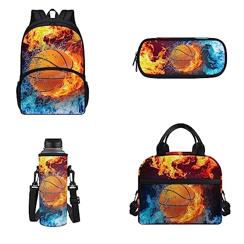 POLERO Niedliche Kinder-Rucksack, Schulrucksack, Mittagessen, Kühltasche, Wasserflasche, Federmäppchen, Stifttasche, Tasche, Halterung, Reise-Tagesrucksack, Feuerwasser-Basketball, Einheitsgröße, Schulranzen-Set von POLERO