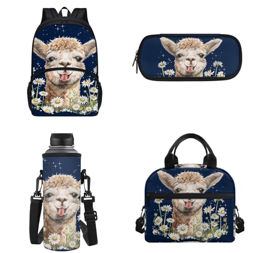 POLERO Niedlicher Kinder-Schulrucksack, Lunch-Kühltasche, Wasserflaschenabdeckung, Federmäppchen, Stiftetasche, Tasche, Halter, Reise-Tagesrucksack, Alpaka Daisy Galaxy, Einheitsgröße von POLERO