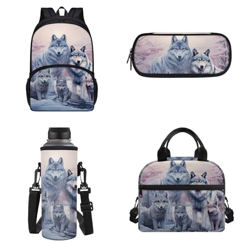 POLERO Niedlicher Kinder-Schulrucksack, Lunch-Kühltasche, Wasserflaschenabdeckung, Federmäppchen, Stiftetasche, Tasche, Halter, Reise-Tagesrucksack, Wolf Familie, Einheitsgröße, Schulranzen-Set von POLERO