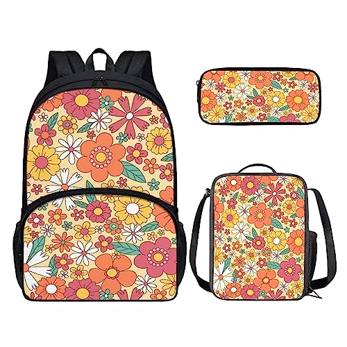 POLERO Niedlicher Rucksack für Kinder, Schulranzen-Set, 3-teilig, lässiger Tagesrucksack, Büchertasche, Lunchtasche, Hippie-Blumen, Einheitsgröße, Kinderrucksack von POLERO
