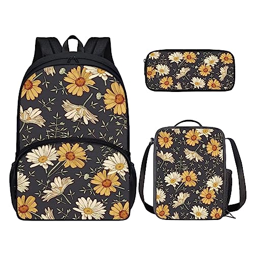 POLERO Niedlicher Rucksack für Kinder, Schulranzen-Set, 3-teilig, lässiger Tagesrucksack, Büchertasche, Lunchtasche, gänseblümchen, Einheitsgröße, Kinderrucksack von POLERO