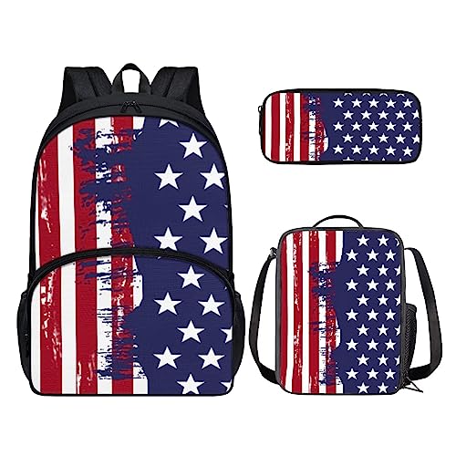 POLERO Niedlicher Rucksack für Kinder, Schulranzen-Set, 3-teilig, lässiger Tagesrucksack, Büchertasche, Lunchtasche, usa-flagge, Einheitsgröße, Kinderrucksack von POLERO