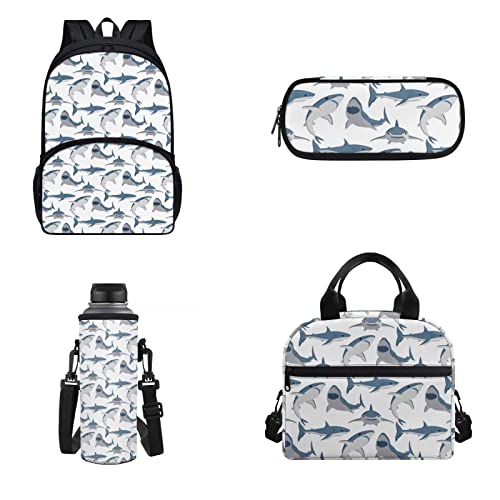 POLERO Niedlicher Rucksack für Kinder, Schultasche, Büchertasche, Lunchtasche, Federmäppchen, Wasserflaschenabdeckung, Set, Haie, Einheitsgröße, Schulranzen-Set von POLERO