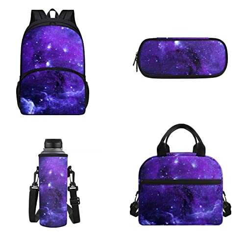 POLERO Niedlicher Rucksack für Kinder, Schultasche, Büchertasche, Lunchtasche, Federmäppchen, Wasserflaschenabdeckung, Set, Lila Galaxy, Einheitsgröße, Schulranzen-Set von POLERO