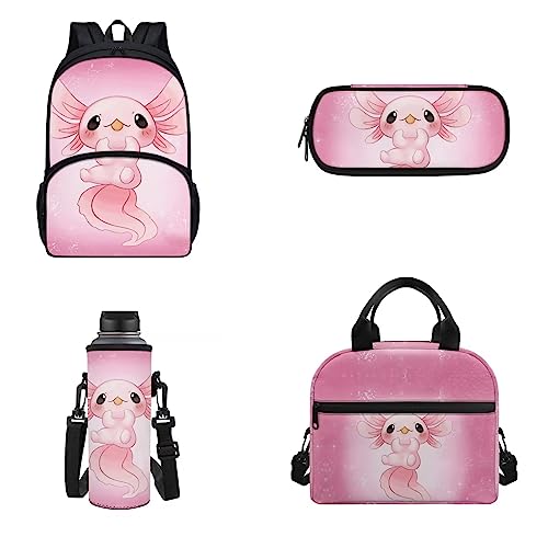 POLERO Niedlicher Rucksack für Kinder, Schultasche, Büchertasche, Lunchtasche, Federmäppchen, Wasserflaschenabdeckung, Set, Rosa Axolotl, Einheitsgröße, Schulranzen-Set von POLERO