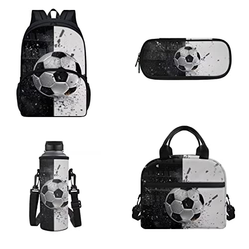 POLERO Niedlicher Rucksack für Kinder, Schultasche, Büchertasche, Lunchtasche, Federmäppchen, Wasserflaschenabdeckung, Set, Schwarz-weißer Fußball, Einheitsgröße, Schulranzen-Set von POLERO