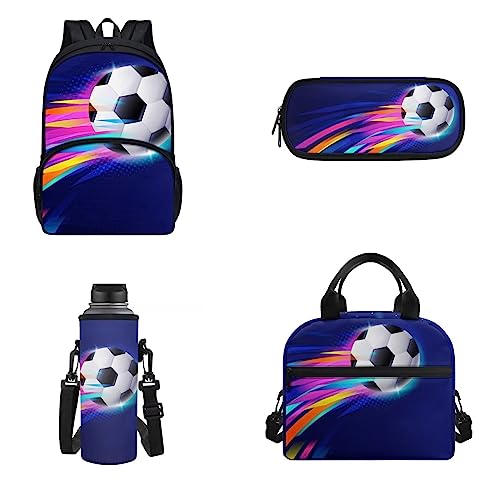 POLERO Niedlicher Rucksack für Kinder, Schultasche, Büchertasche, Lunchtasche, Federmäppchen, Wasserflaschenabdeckung, Set, fußball, Einheitsgröße, Schulranzen-Set von POLERO