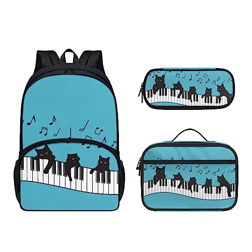 POLERO Niedlicher Rucksack für Kinder, Schultaschen, lässiger Tagesrucksack, Büchertasche, Lunchbox, Federmäppchen, Black Cat Music Piano, Einheitsgröße, Kinderrucksack von POLERO