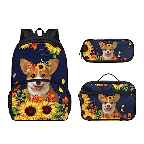 POLERO Niedlicher Rucksack für Kinder, Schultaschen, lässiger Tagesrucksack, Büchertasche, Lunchbox, Federmäppchen, Sonnenblume Corgi, Einheitsgröße, Kinderrucksack von POLERO