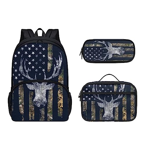 POLERO Niedlicher Rucksack für Kinder, Schultaschen, lässiger Tagesrucksack, Büchertasche, Lunchbox, Federmäppchen, USA-Flagge Hirsch, Einheitsgröße, Kinderrucksack von POLERO