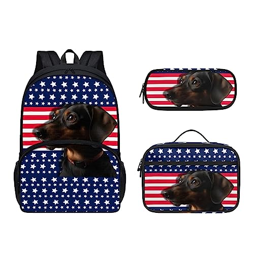 POLERO Niedlicher Rucksack für Kinder, Schultaschen, lässiger Tagesrucksack, Büchertasche, Lunchbox, Federmäppchen, USA-Flagge Schwarzer Dackel, Einheitsgröße, Kinderrucksack von POLERO