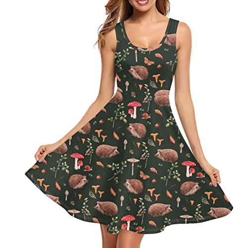 POLERO Niedliches Tankkleid für Damen, Midi-T-Shirt-Kleid mit Tasche, U-Ausschnitt, Swing-Skaterkleid, Sommerkleid, ausgestelltes Sommerkleid, Igel Pilze, Medium von POLERO