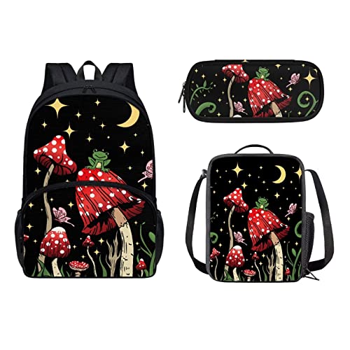 POLERO Pferde-Schulrucksack, Kinder-Büchertaschen-Set, Lunch-Tragetasche, Federmäppchen, 3 Stück, Schultaschen, Tagesrucksack, Mond Stern Pilz Frosch, Einheitsgröße, Kinderrucksack von POLERO