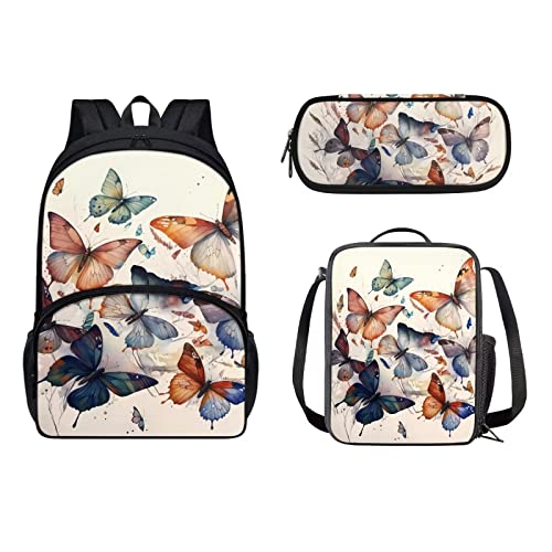 POLERO Pferde-Schulrucksack, Kinder-Büchertaschen-Set, Lunch-Tragetasche, Federmäppchen, 3 Stück, Schultaschen, Tagesrucksack, Schmetterlinge, Einheitsgröße, Kinderrucksack von POLERO