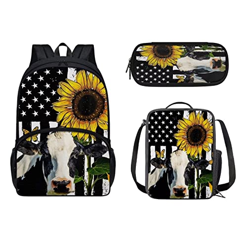 POLERO Pferde-Schulrucksack, Kinder-Büchertaschen-Set, Lunch-Tragetasche, Federmäppchen, 3 Stück, Schultaschen, Tagesrucksack, USA-Flagge Sonnenblume Kuh, Einheitsgröße, Kinderrucksack von POLERO