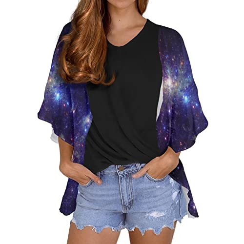 POLERO Pilz Kimono Cardigan für Frauen Plus Size Chiffon Cardigans Lose Sommer Casual Capes Strand Cover Ups, Galaxy, 52 von POLERO