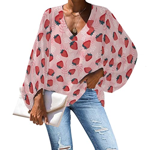 POLERO Rote Rose Bluse für Damen Floral Chiffon Bluse Laterne Langarm V-Ausschnitt Casual Tops, erdbeere, M von POLERO