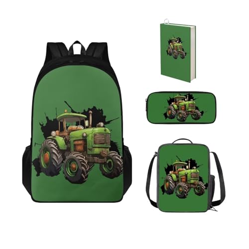 POLERO Rucksack für Jungen und Mädchen, 3D-Druck, Schultaschen für Kinder, Büchertasche mit Lunchbox, Federmäppchen, Buchhülle, Traktor Grün, Einheitsgröße, Schulranzen-Set von POLERO