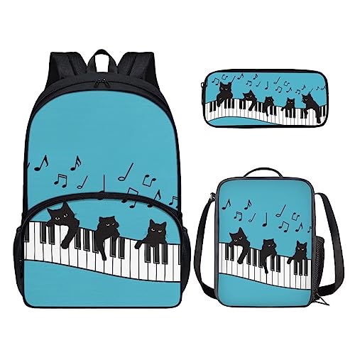 POLERO Rucksack für Kinder, niedliche Schultasche, Büchertasche, Tagesrucksack mit Lunchbox und Federmäppchen, Black Cat Music Piano, Einheitsgröße, Kinderrucksack von POLERO