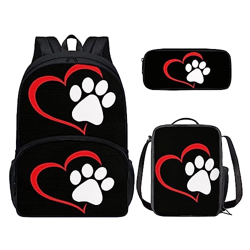 POLERO Rucksack für Kinder, niedliche Schultasche, Büchertasche, Tagesrucksack mit Lunchbox und Federmäppchen, Hundepfote Herz, Einheitsgröße, Kinderrucksack von POLERO