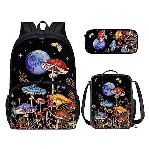 POLERO Rucksack für Kinder, niedliche Schultasche, Büchertasche, Tagesrucksack mit Lunchbox und Federmäppchen, Mond Schmetterling Pilz, Einheitsgröße, Kinderrucksack von POLERO