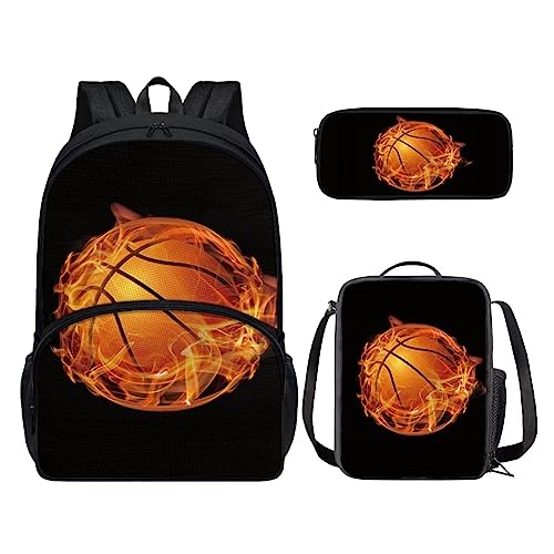 POLERO Rucksack für Mädchen und Jungen, niedliches Federmäppchen, Lunchbox, Schulbüchertaschen-Set, Feuer-Basketball, Einheitsgröße, Kinderrucksack von POLERO