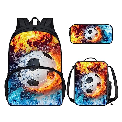 POLERO Rucksack für Mädchen und Jungen, niedliches Federmäppchen, Lunchbox, Schulbüchertaschen-Set, Feuerfußball, Einheitsgröße, Kinderrucksack von POLERO