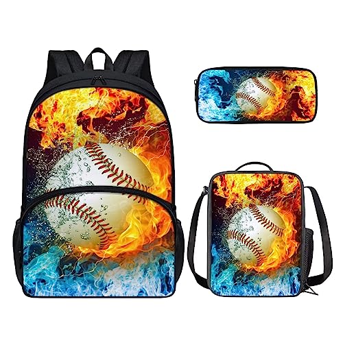 POLERO Rucksack für Mädchen und Jungen, niedliches Federmäppchen, Lunchbox, Schulbüchertaschen-Set, Fire Softball, Einheitsgröße, Kinderrucksack von POLERO