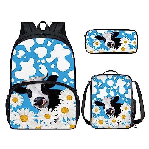 POLERO Rucksack für Mädchen und Jungen, niedliches Federmäppchen, Lunchbox, Schulbüchertaschen-Set, Gänseblümchen, Kuhmuster, Blau, Einheitsgröße, Kinderrucksack von POLERO