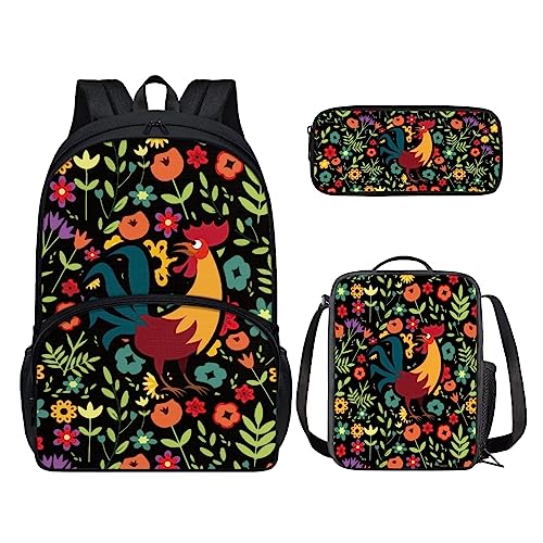 POLERO Rucksack für Mädchen und Jungen, niedliches Federmäppchen, Lunchbox, Schulbüchertaschen-Set, Hahn Blumen, Einheitsgröße, Kinderrucksack von POLERO