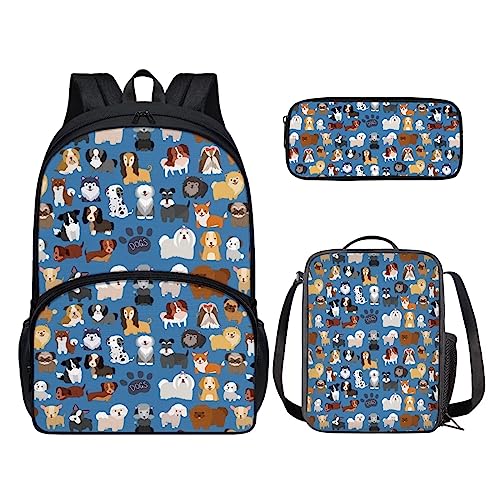 POLERO Rucksack für Mädchen und Jungen, niedliches Federmäppchen, Lunchbox, Schulbüchertaschen-Set, Hunde, Einheitsgröße, Kinderrucksack von POLERO