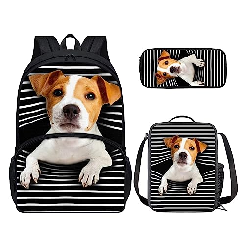 POLERO Rucksack für Mädchen und Jungen, niedliches Federmäppchen, Lunchbox, Schulbüchertaschen-Set, Jack Russell Terrier, Einheitsgröße, Kinderrucksack von POLERO