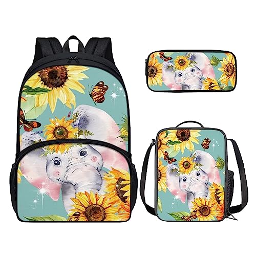 POLERO Rucksack für Mädchen und Jungen, niedliches Federmäppchen, Lunchbox, Schulbüchertaschen-Set, Sonnenblume Elefant, Einheitsgröße, Kinderrucksack von POLERO